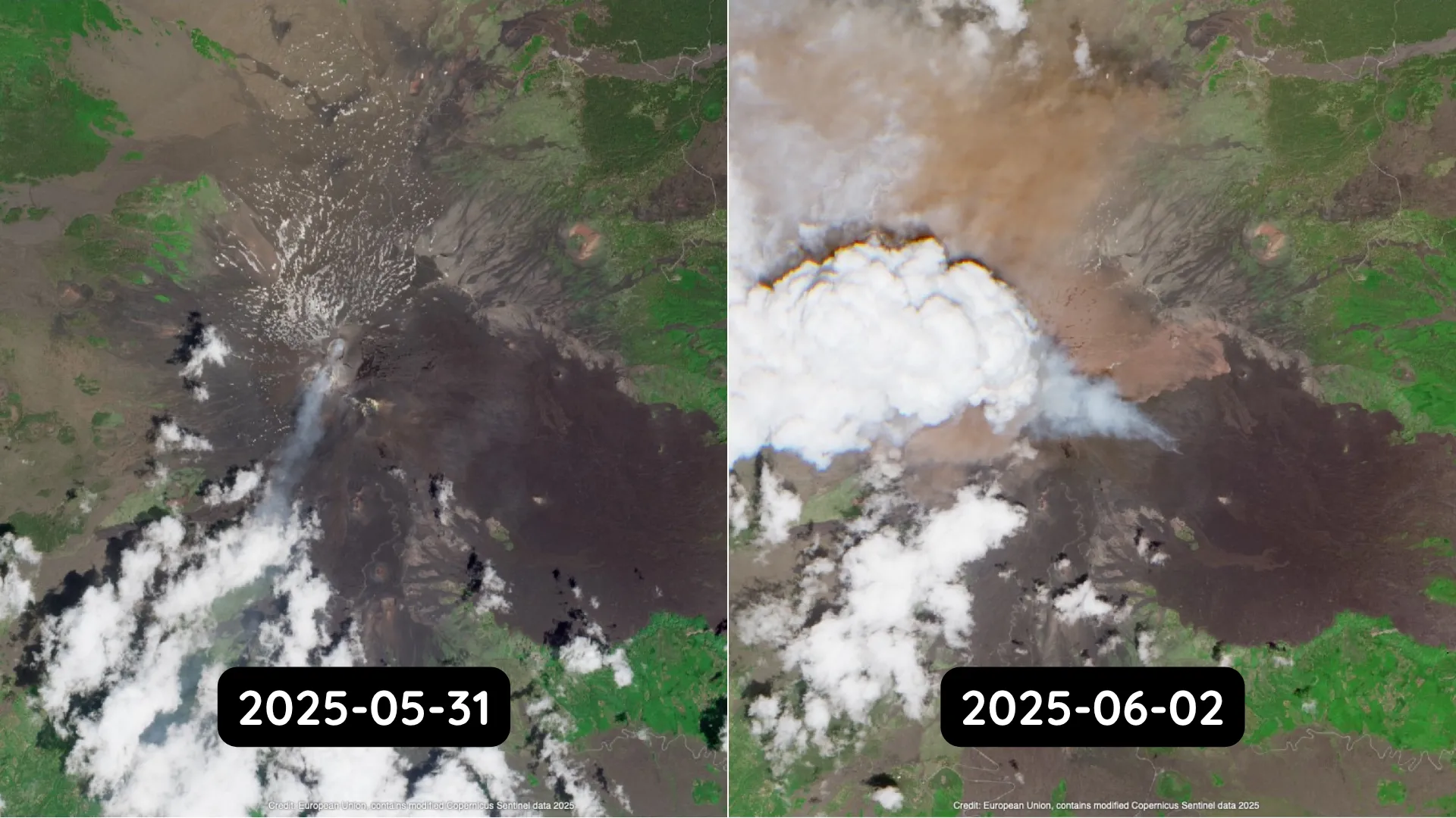 Mount Etna Before and After Eruption by Sentinel-2